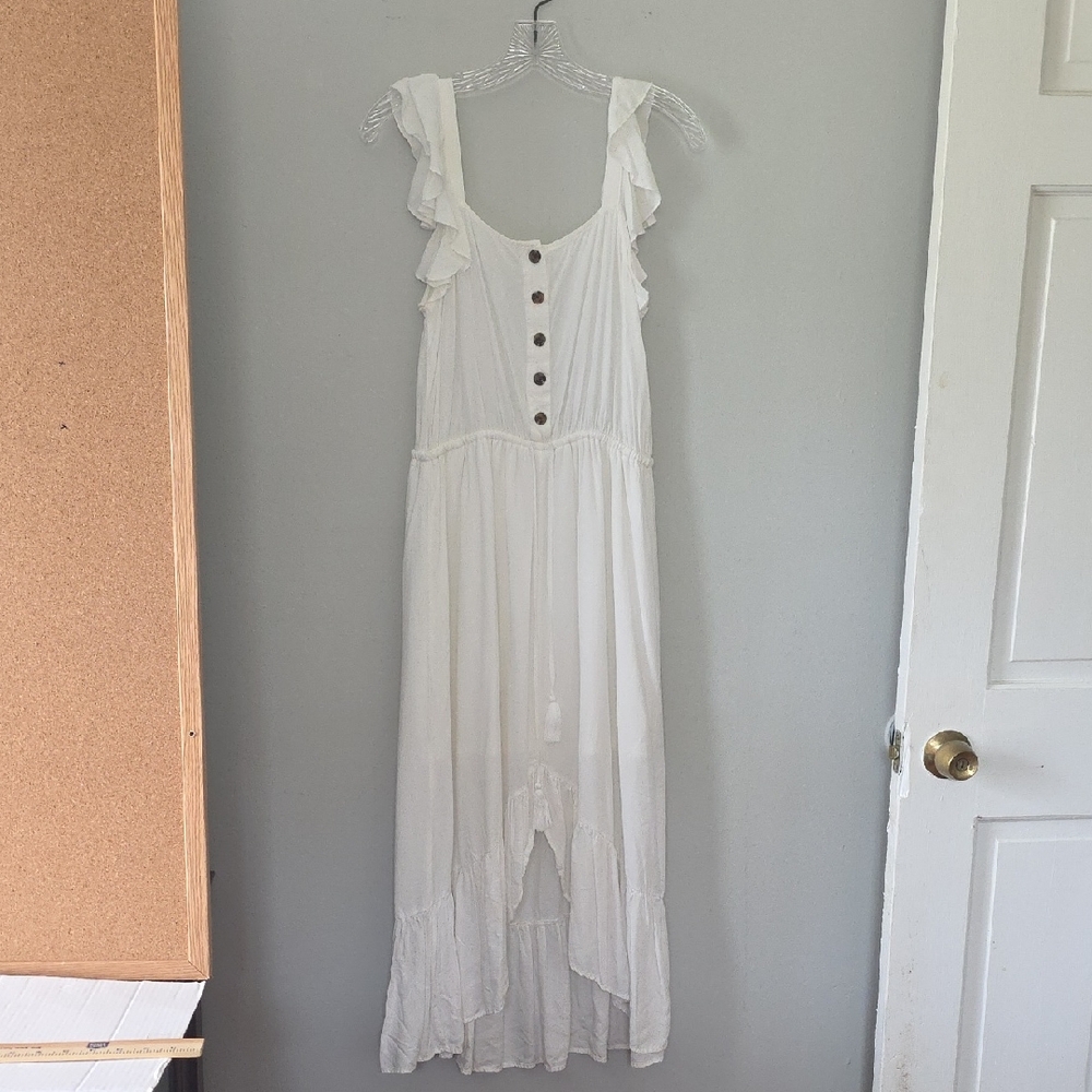 Indigo Rose White High‑Low Ruffle Strap Button Front Midi Sundress M Softgirl